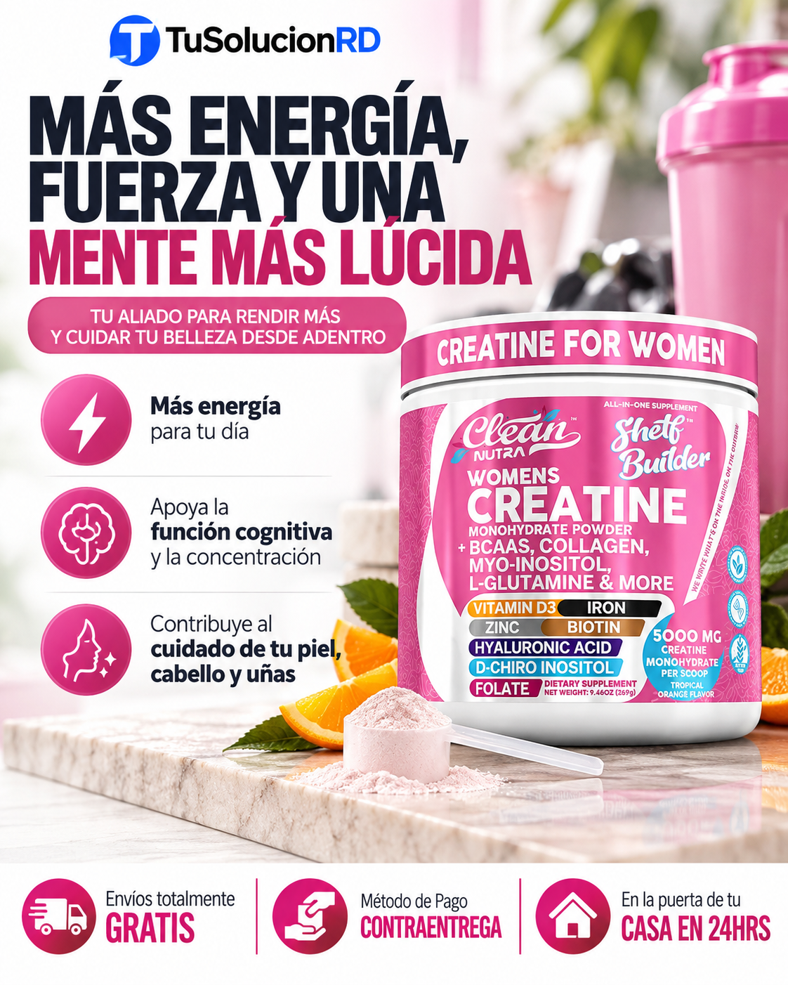 Creatina para Mujer todo en uno· Un solo frasco, una medida al día